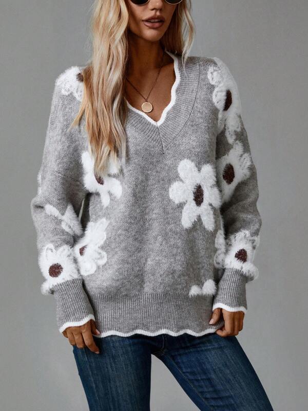Aukje | Pull col V à motif floral