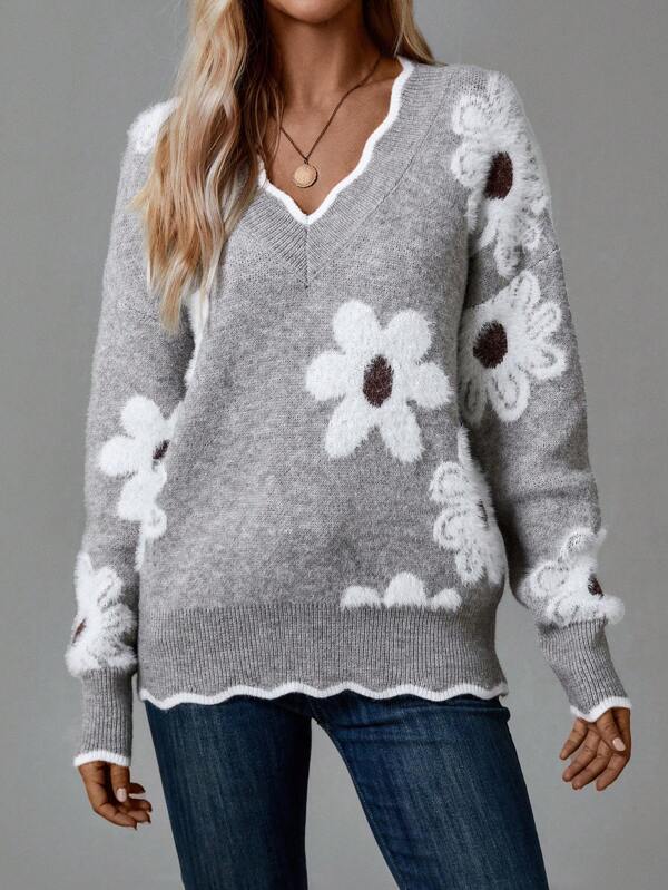 Aukje | Pull col V à motif floral
