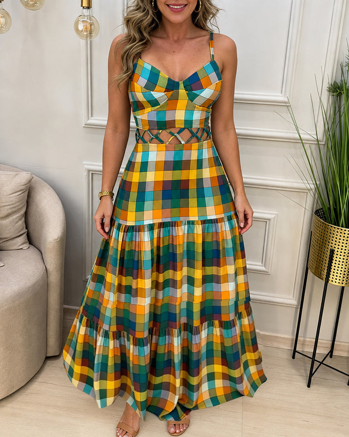 Colorblock |  Robe longue à découpes, col en V, dos nu et volants, robe de plage décontractée froncée