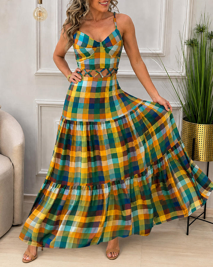 Colorblock |  Robe longue à découpes, col en V, dos nu et volants, robe de plage décontractée froncée