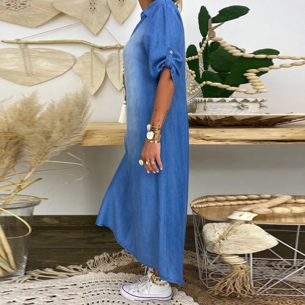 Emma | Lange jurk in jeanslook met zijsplit