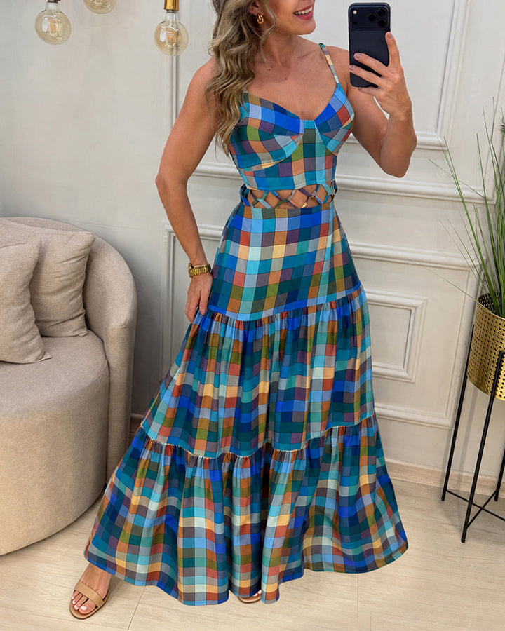 Colorblock |  Robe longue à découpes, col en V, dos nu et volants, robe de plage décontractée froncée
