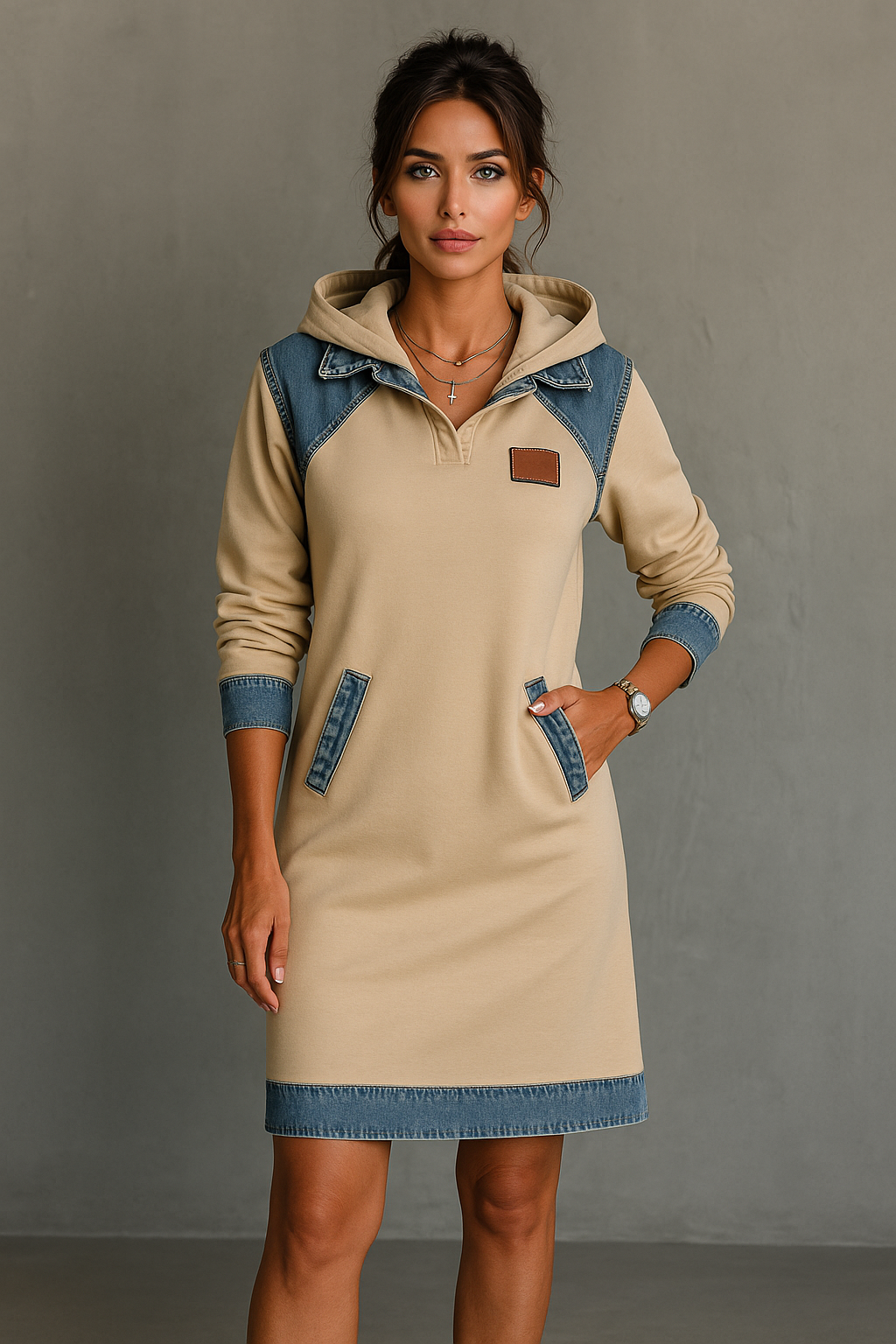 Tonia | Casual Hooded Dress with Denim Accents