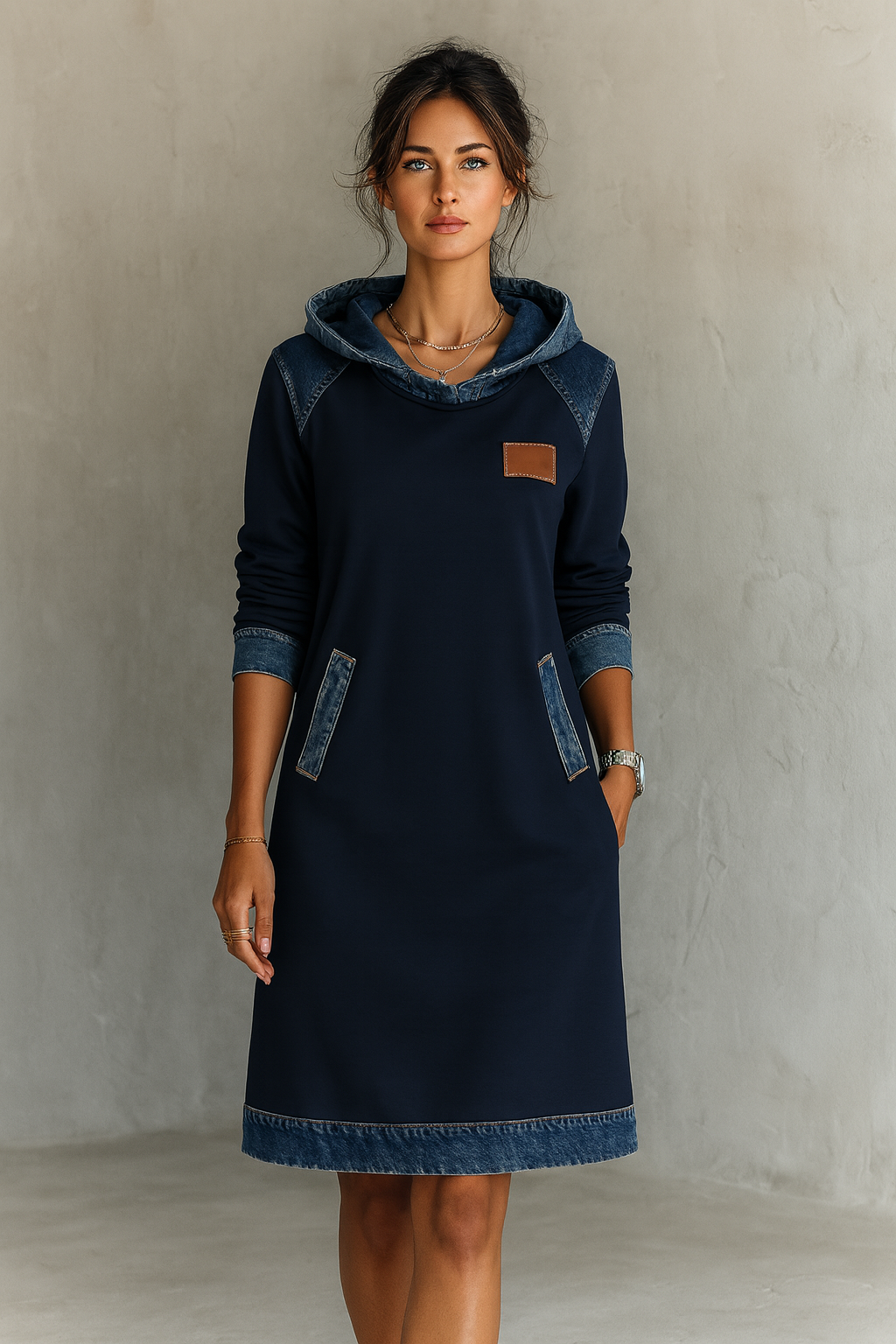 Tonia | Casual Hooded Dress with Denim Accents