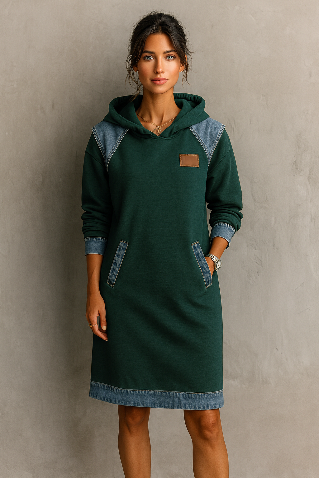 Tonia | Casual Hooded Dress with Denim Accents
