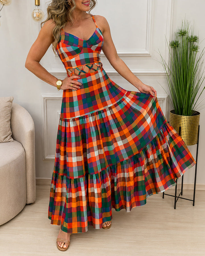 Colorblock |  Robe longue à découpes, col en V, dos nu et volants, robe de plage décontractée froncée
