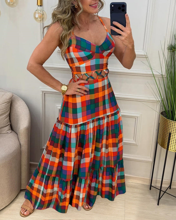 Colorblock |  Robe longue à découpes, col en V, dos nu et volants, robe de plage décontractée froncée