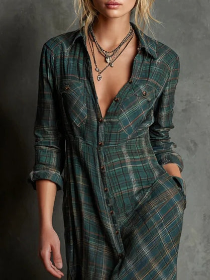 Colette | Lange jurk met groene geruite revers