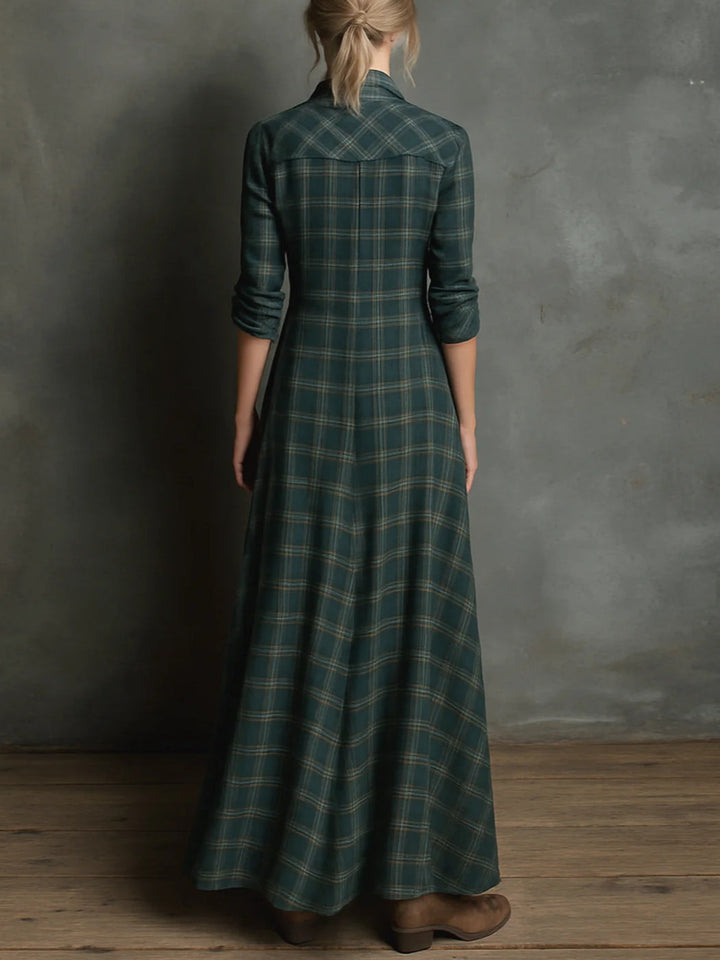 Colette | Lange jurk met groene geruite revers